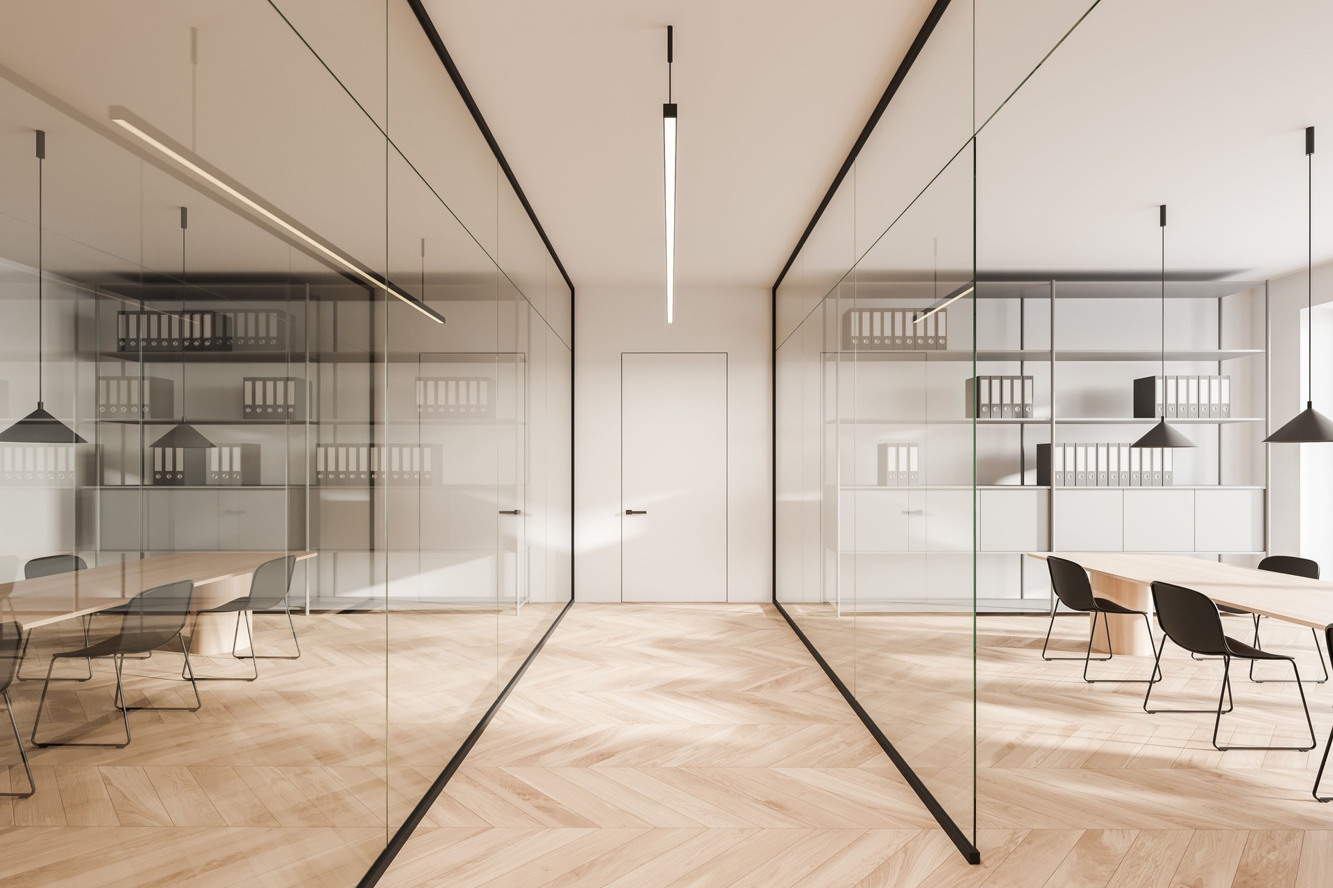 Glass office corridor with two meeting rooms